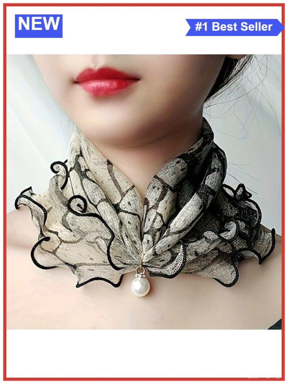 Printed Mesh Scarf Neck Gaiter with Imitation Pendant & Ruffle Edge